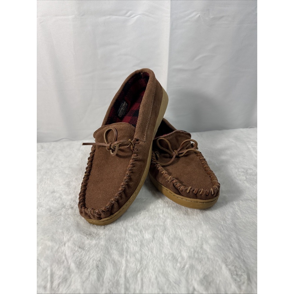Guide Gear Men's Suede Moccasin Slippers Red/ Black Plaid Lining Size 12